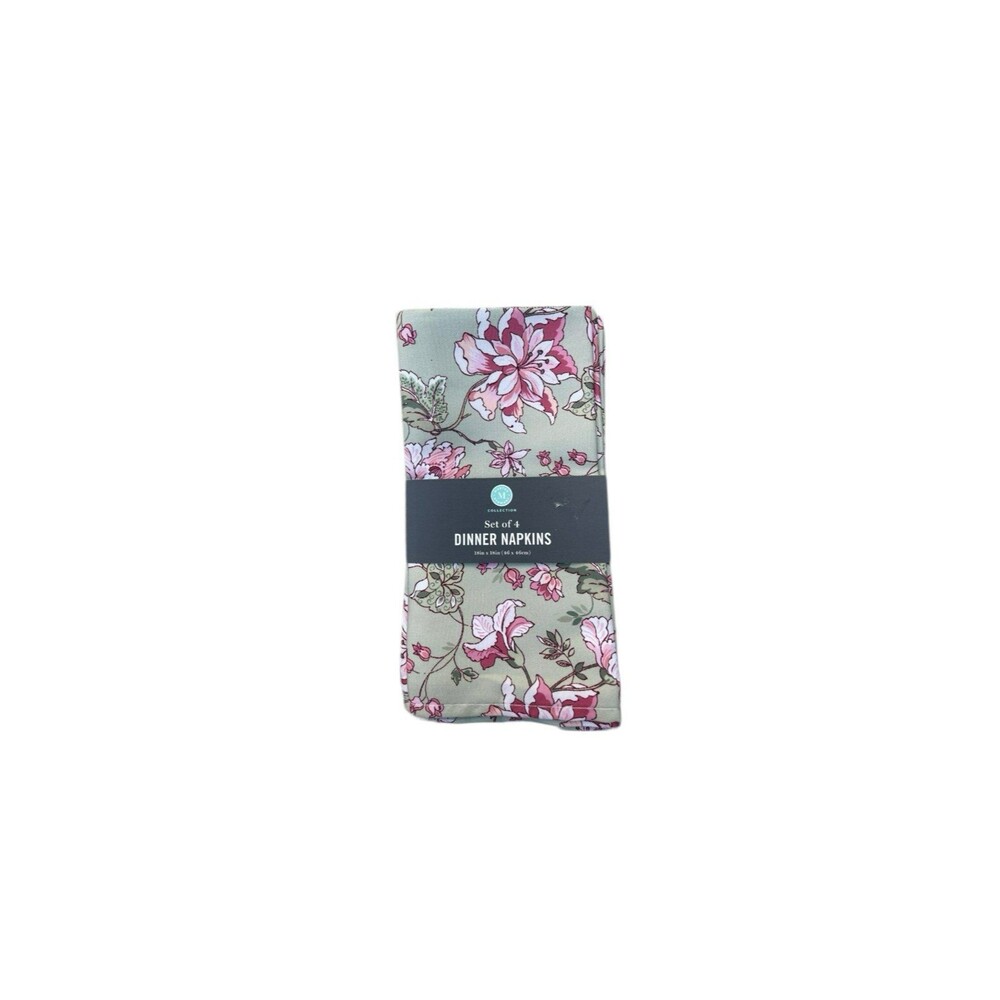 New Martha Stewart Cloth Dinner Napkins Green Floral/Pink Set Of 4 18"x18"